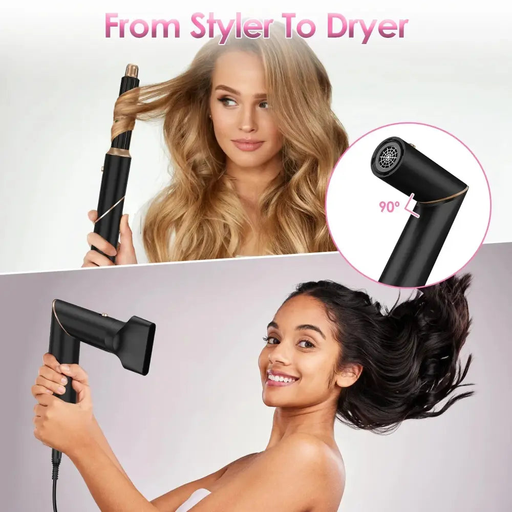 Black 5-in-1 ionic hot air styler set with gold accents featuring a hair dryer with 90-degree adjustable nozzle and curling wand