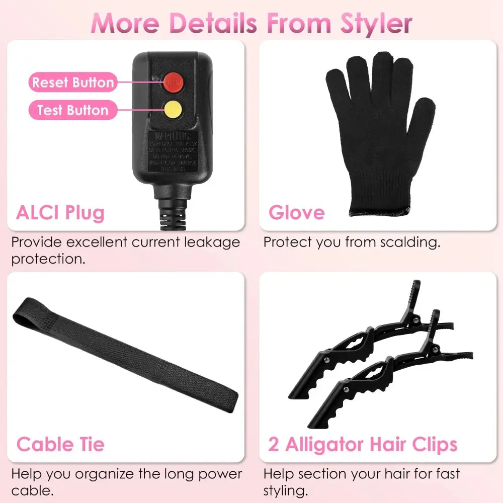 Black plastic power controller with red reset and yellow test buttons for 5-in-1 black and gold ionic hot air styler set