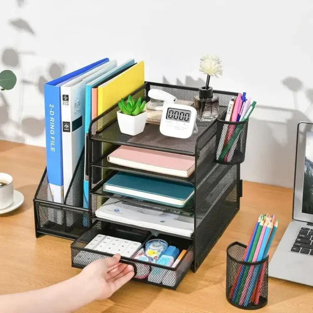 Black mesh steel 5 tier desk organizer with side file slots and pull-out drawer for office use