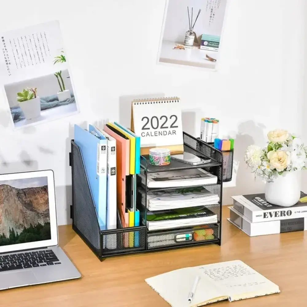 Black mesh steel desk organizer with five tiers and side file slots for storing files folders and office supplies