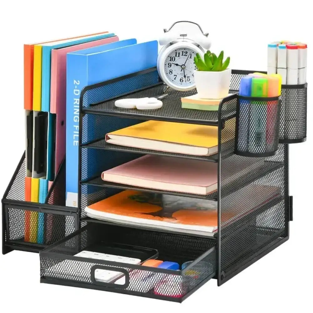 5 tier black mesh steel desk organizer with side file slots holding folders notebooks markers clock and plant