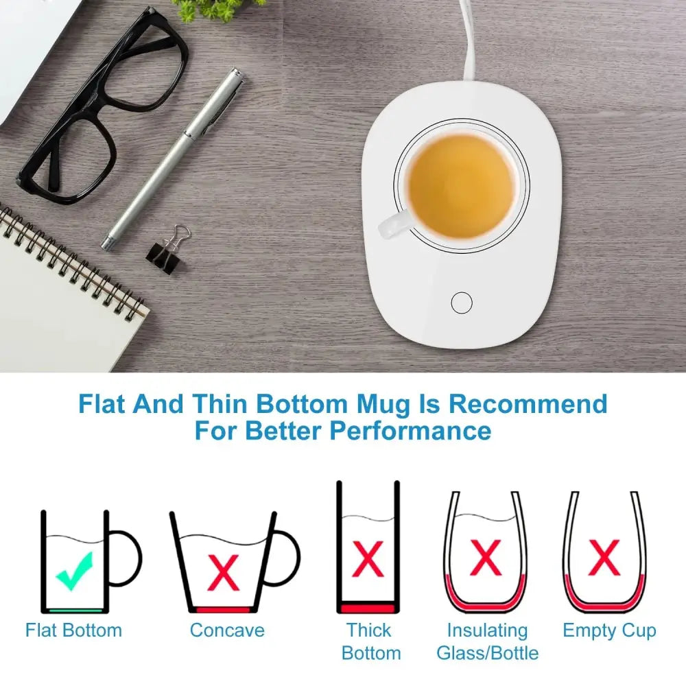 White smart electric coffee mug warmer with circular heating pad and power cord for flat-bottomed mugs and auto shut