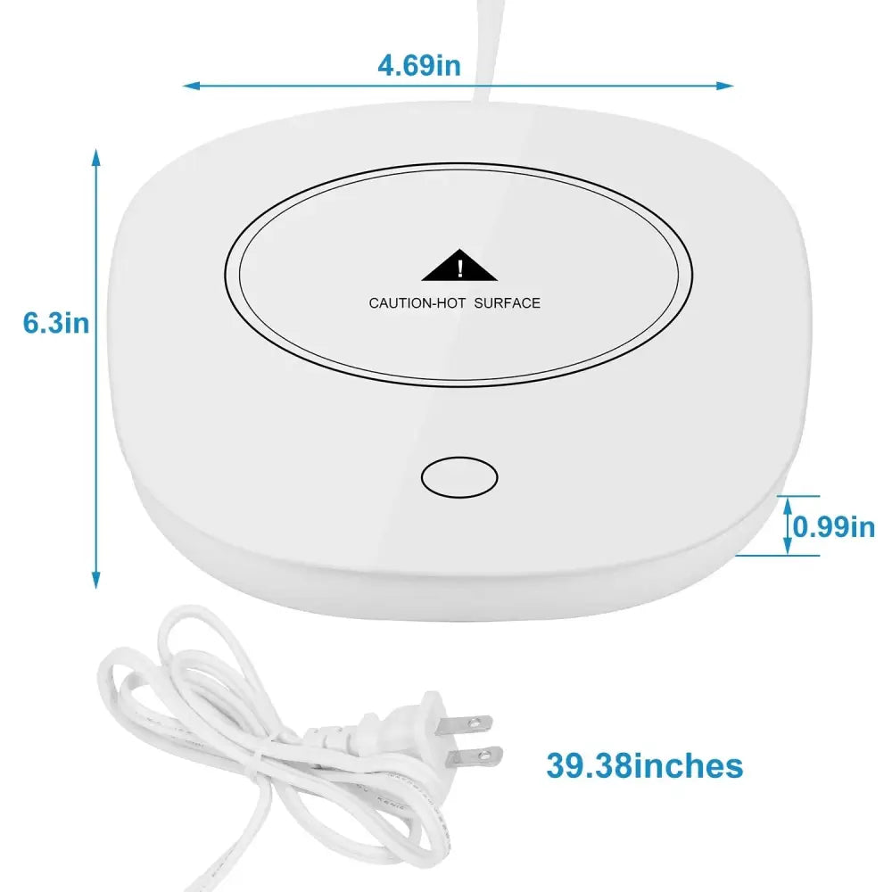 White rectangular wireless phone charger with smooth glossy surface and rounded corners for smart electric coffee mug warmer with auto shut