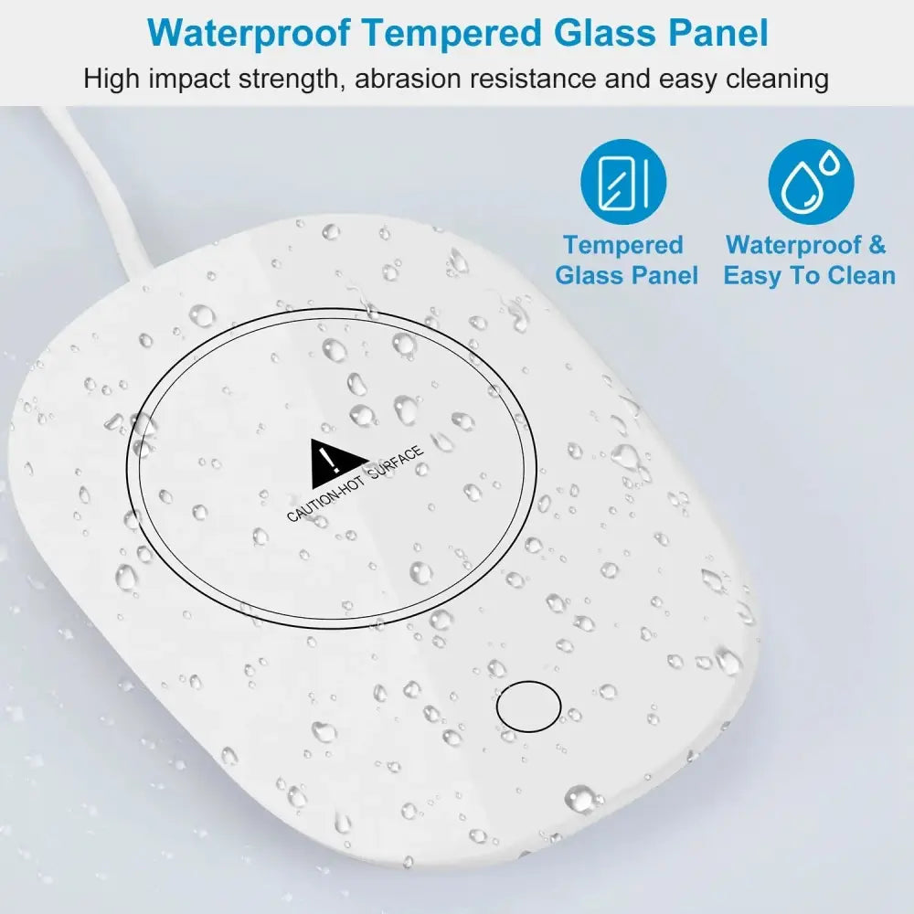 Smart electric coffee mug warmer with white wireless charging pad waterproof tempered glass panel and circular button