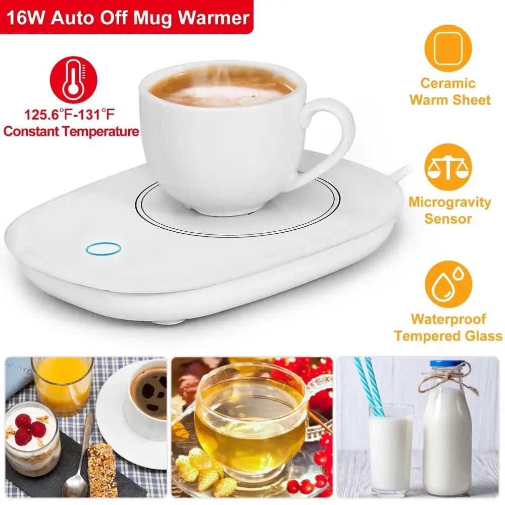 White ceramic smart electric coffee mug warmer with sleek oval design and circular heating pad with auto shut feature