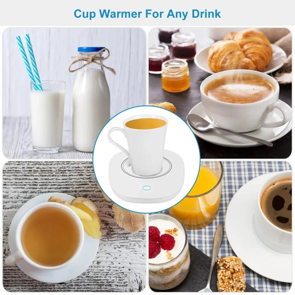 White ceramic cup on a circular white smart electric coffee mug warmer with auto shut and blue indicator light