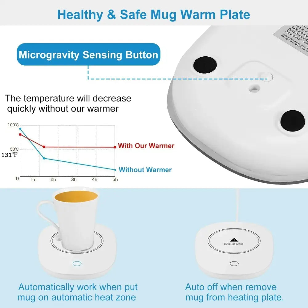 White circular smart electric coffee mug warmer with microgravity sensing button and auto shut off feature