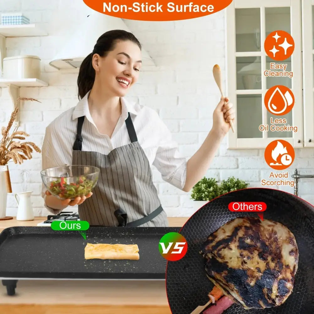 Black portable smokeless electric non stick bbq grill and griddle with smooth surface for easy cooking and cleaning