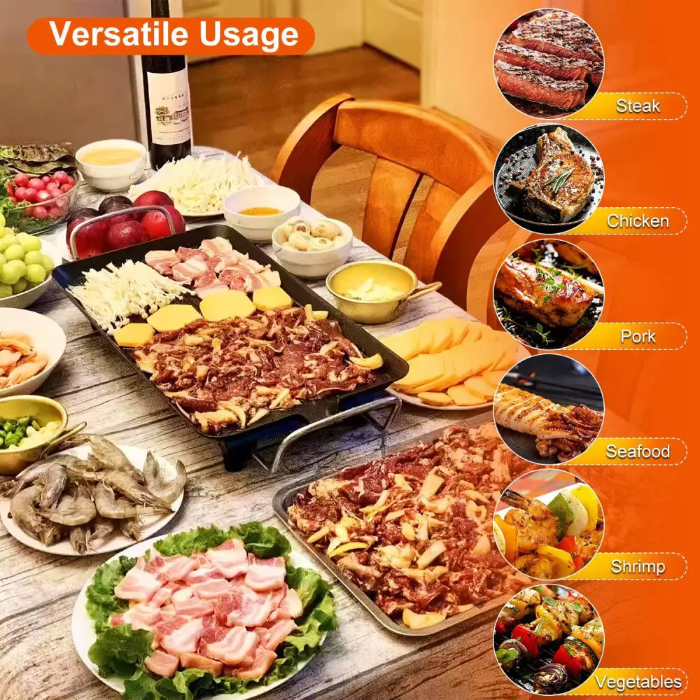 Black portable smokeless electric non stick bbq grill and griddle with multiple cooking zones and a handle for portability