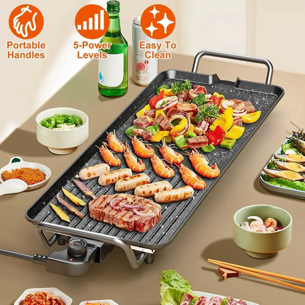 Black portable smokeless electric non stick bbq grill and griddle with handles and 5 power levels for easy cleaning