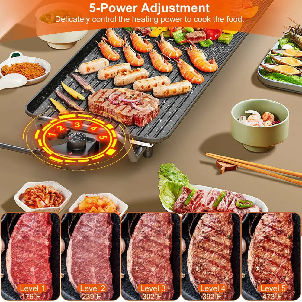 Portable smokeless black electric non stick bbq grill and griddle with five power adjustment levels for precise cooking