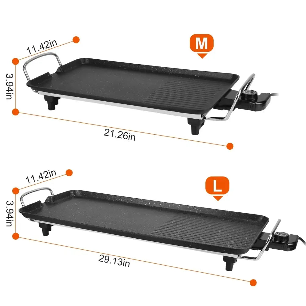 Black portable smokeless electric non stick bbq grill and griddle with stainless steel handles in medium and large sizes