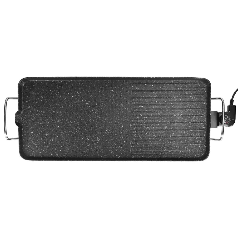 Portable smokeless electric non stick bbq grill and griddle with black speckled ribbed surface and metallic handles