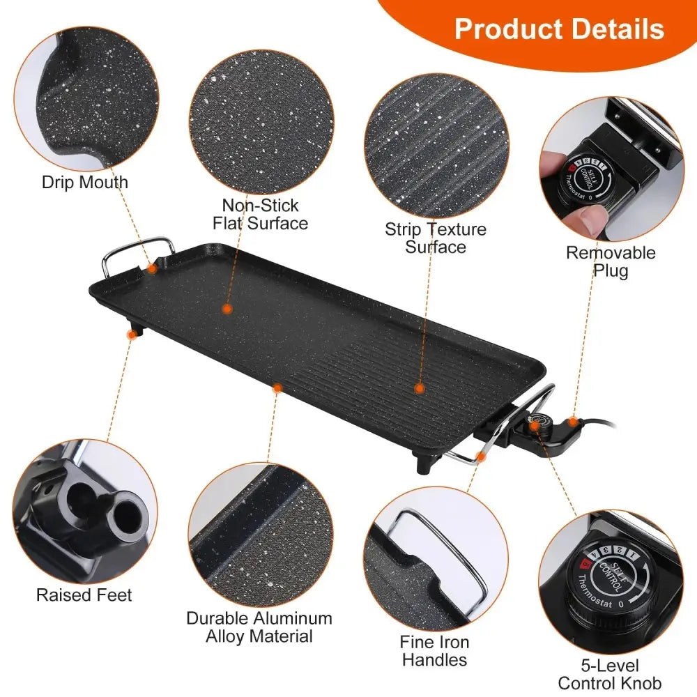 Black portable smokeless electric non stick bbq grill and griddle with flat non-stick surface and fine iron handles