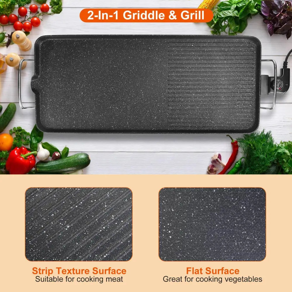 Black speckled portable smokeless electric non stick 2-in-1 bbq grill and griddle with strip and flat surfaces