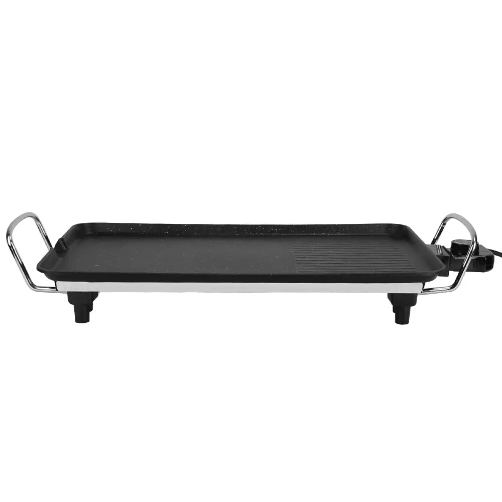 Black portable smokeless electric non stick bbq grill and griddle with speckled surface and stainless steel handles and feet