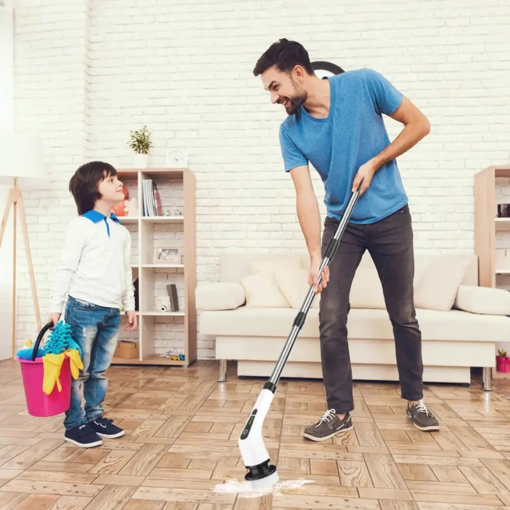 White electric floor mop with long handle and black grip shown alongside a non-slip silicone suction bath mat for shower use