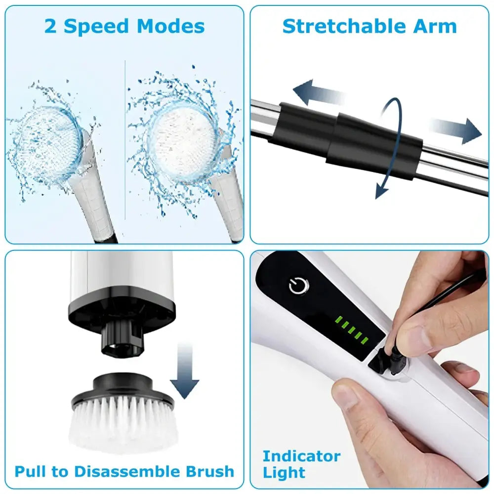 White and black electric facial cleansing brush with stretchable arm, interchangeable bristle heads, and indicator light