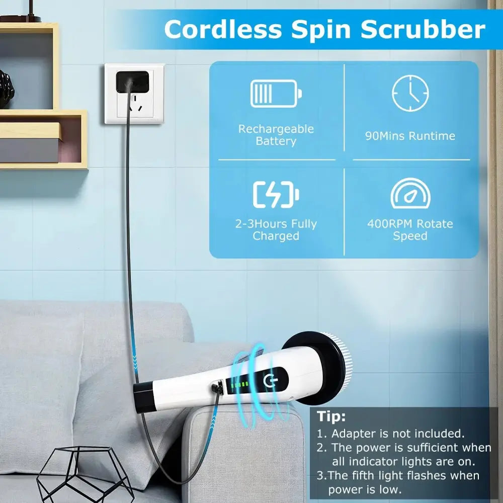 White and black cordless spin scrubber with circular brush head shown with a non-slip silicone suction bath mat for tub use