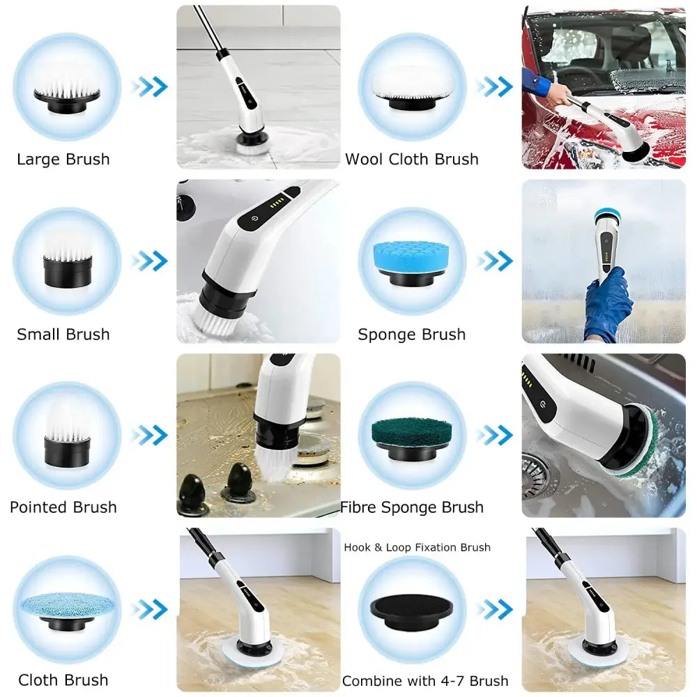 White electric car wash brush with interchangeable attachments and non-slip silicone suction bath mat for shower and tub cleaning