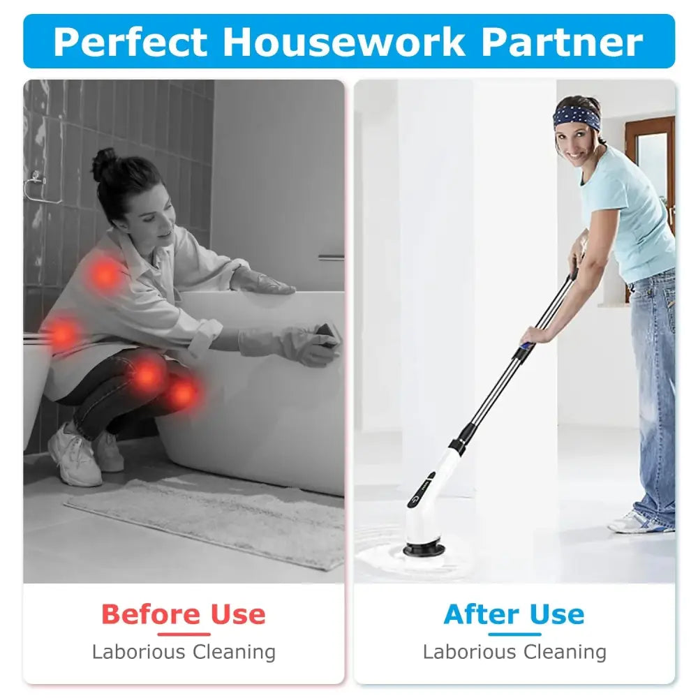 White and black electric floor mop with long handle for effortless cleaning shown alongside non-slip silicone suction bath mat for shower and tub