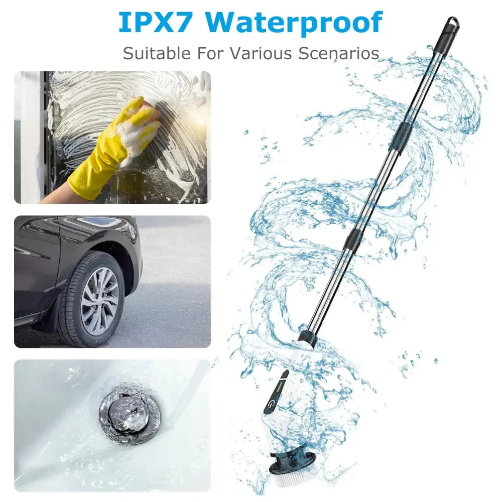 Black and silver extendable car wash brush with soft bristle head designed for wet environments and non-slip silicone bath mat