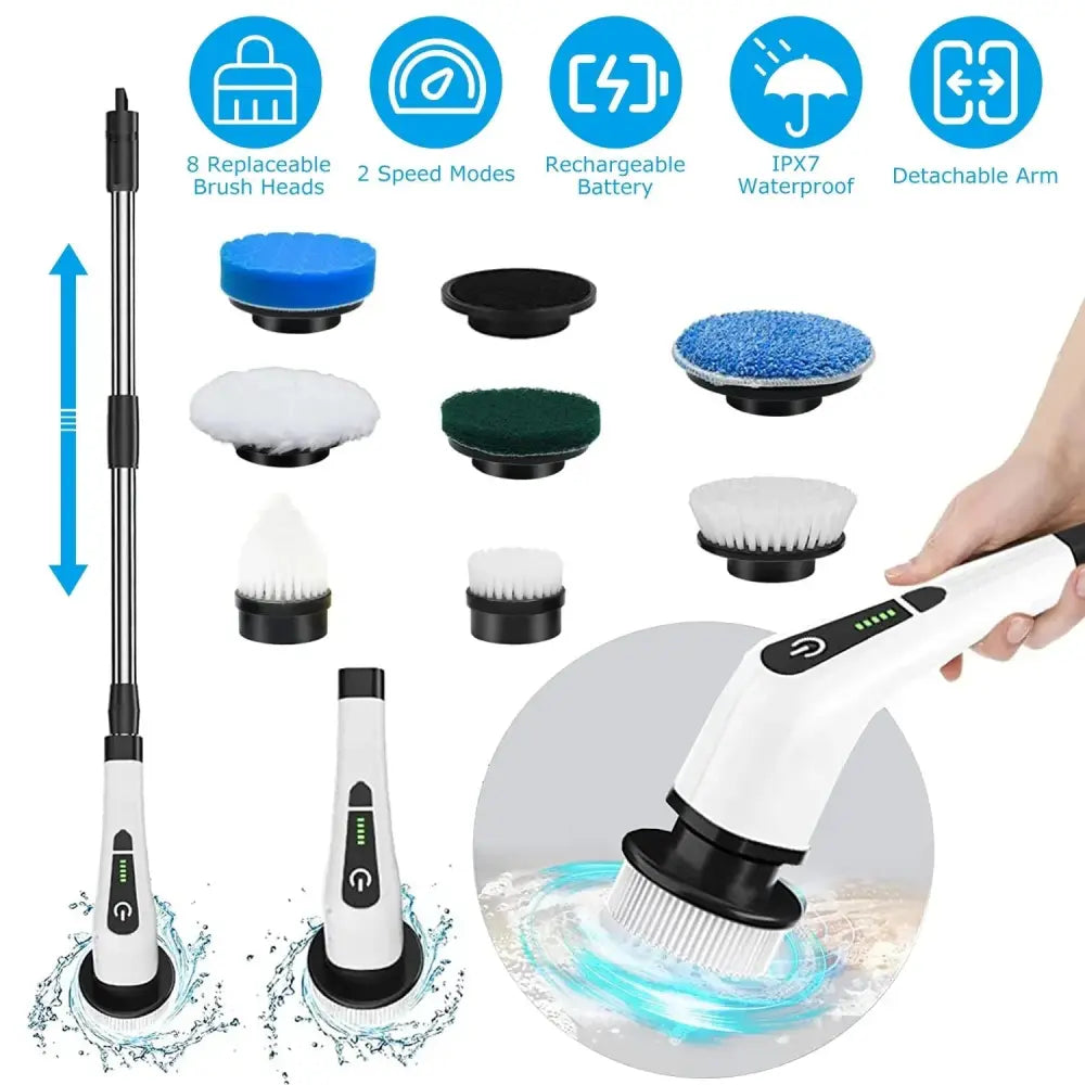 White and black rechargeable electric car wash brush with detachable arm and eight colorful replaceable brush heads