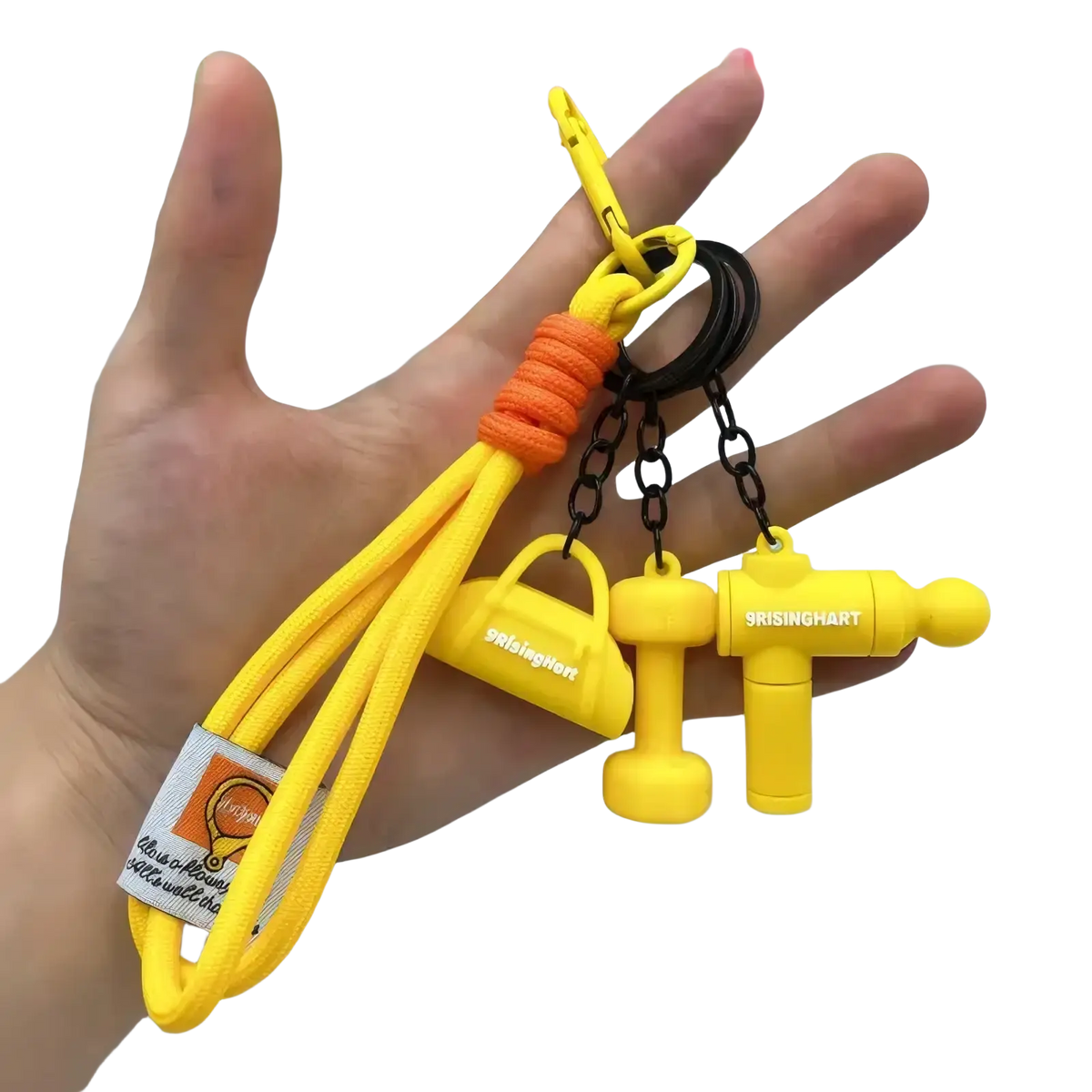 Yellow silicone fitness keychain with orange braided cord and black chain featuring yellow USB flash drive charms