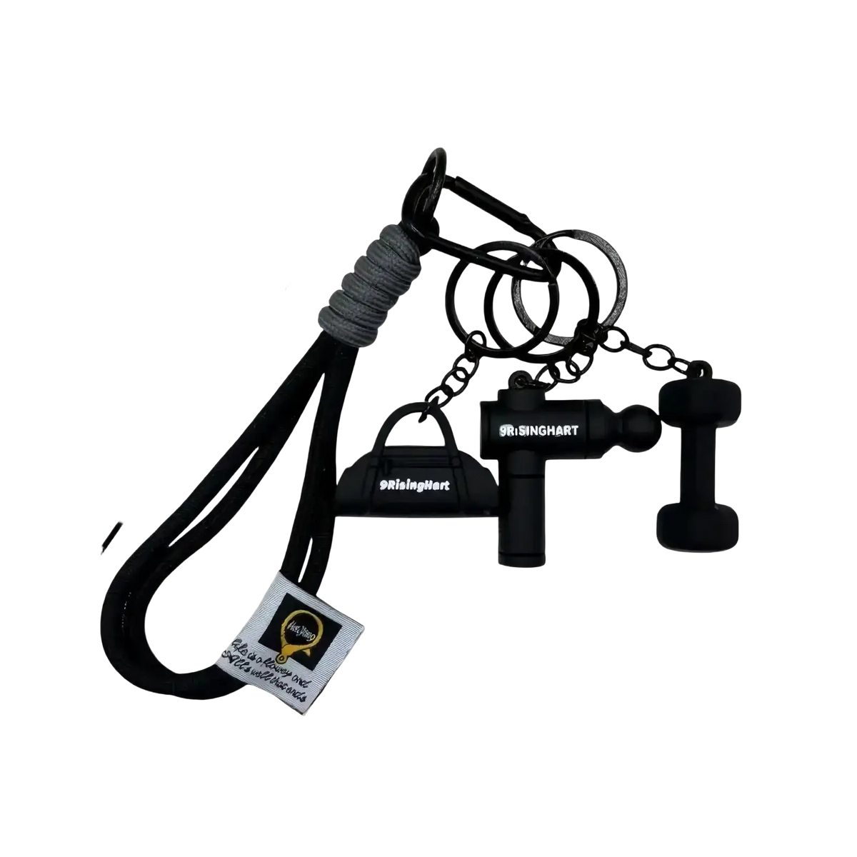 Black silicone fitness keychain with dumbbell, weight plate, and massage gun charm on gray braided cord for gym bags
