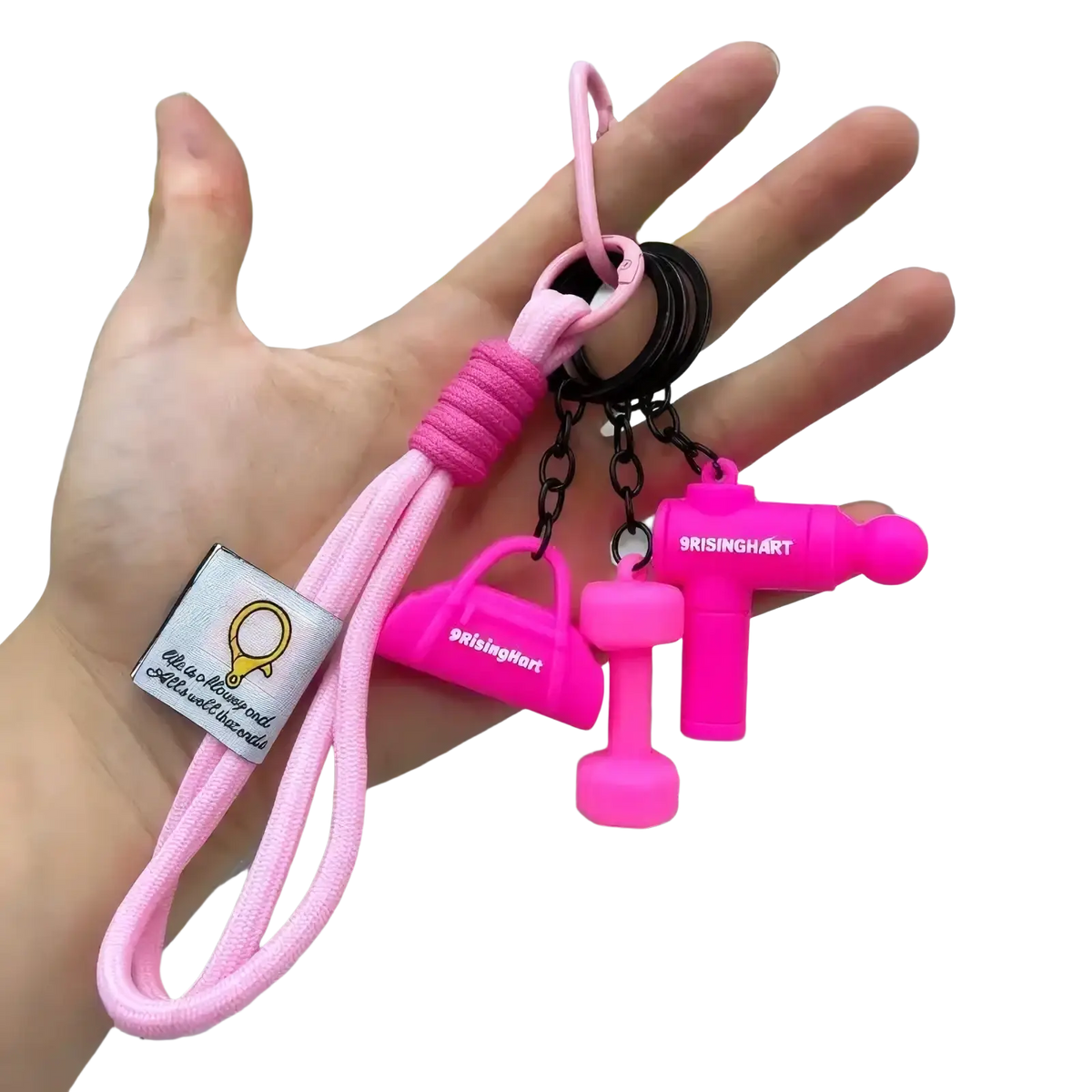 Pink silicone fitness keychain set with handbag dumbbell and drill charms plus matching pink cord and black rings