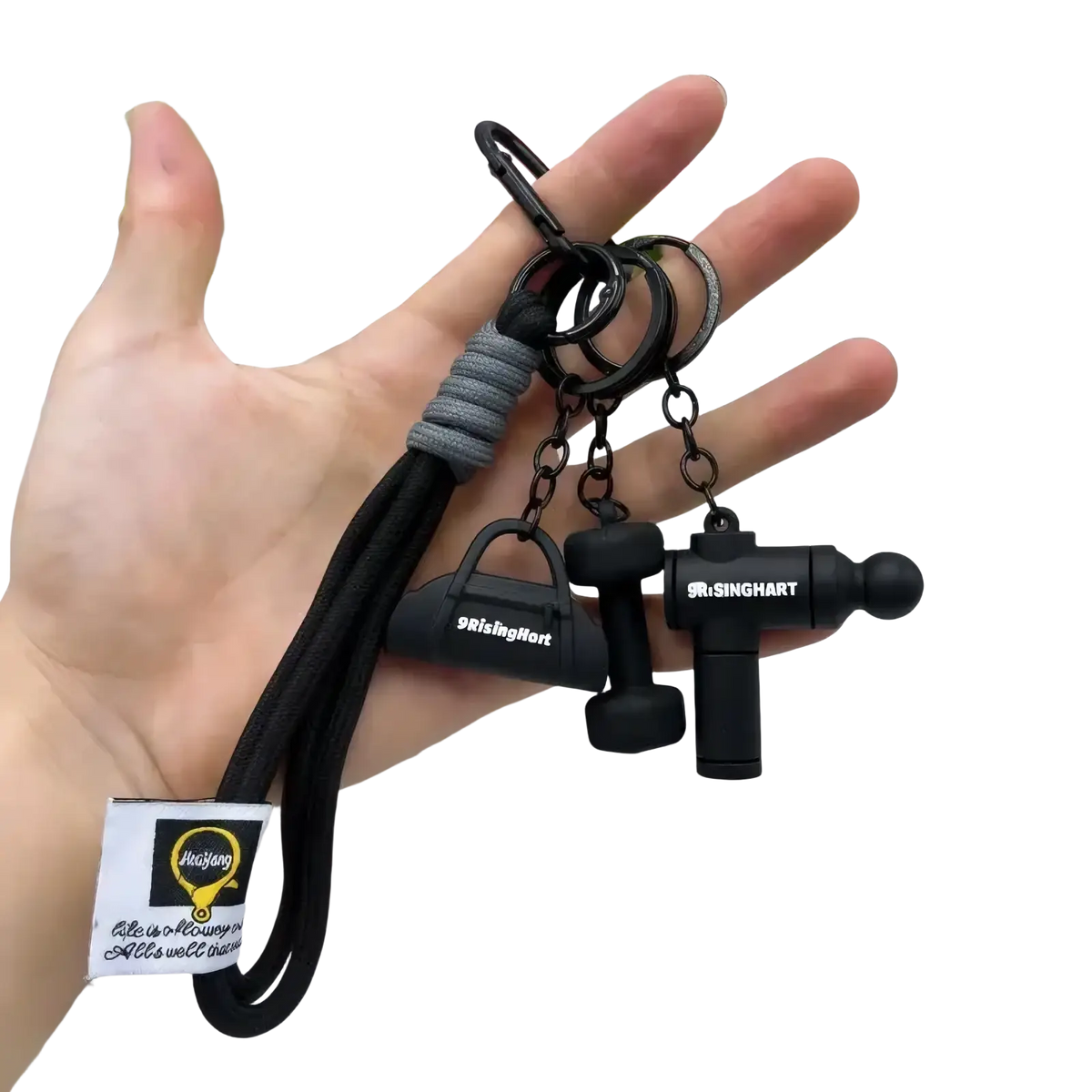 Black silicone fitness keychain with miniature gym equipment charms and gray braided cord for gym bag accessory