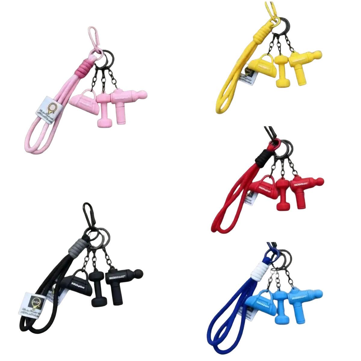Fitness keychain gym bag charm sports accessory with pink yellow red black and blue silicone miniature dumbbells and handbag
