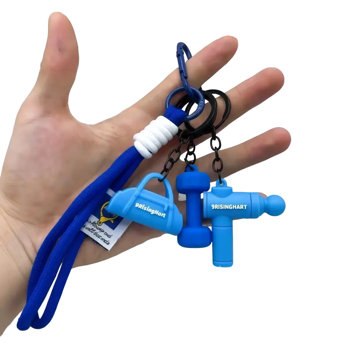 Blue silicone fitness keychain set with handbag dumbbell and drill designs featuring white woven cord accents