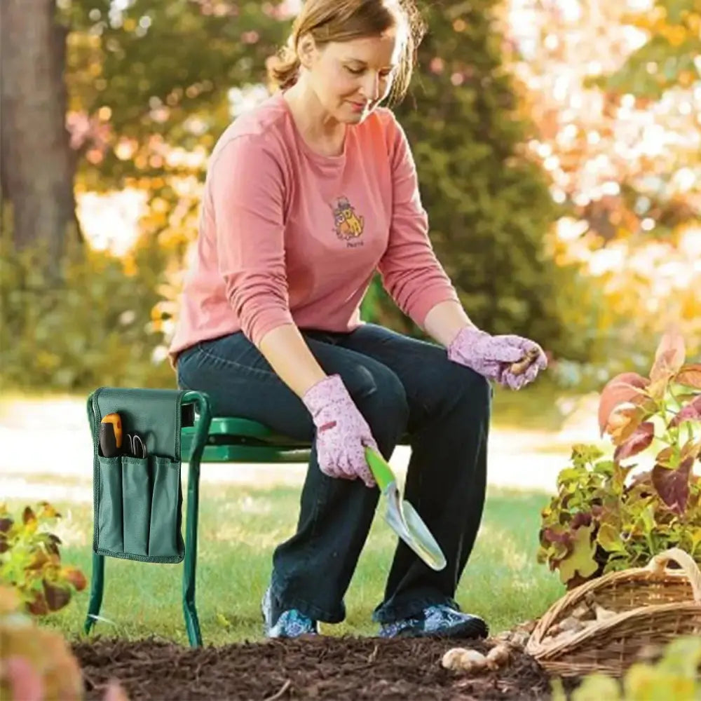 Green garden folding chair made of durable material with attached tool pouch for convenient gardening use