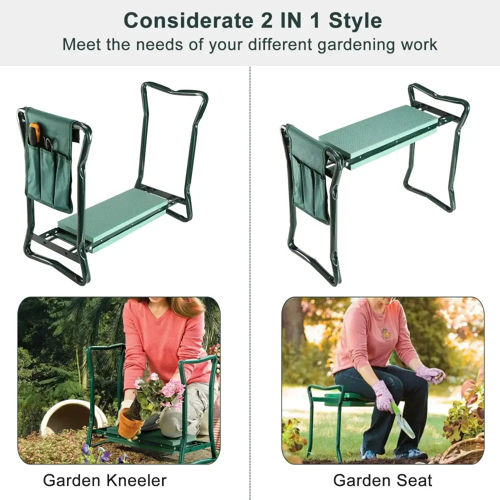 Foldable garden kneeler seat with tool pouch featuring green fabric and black metal frame for comfortable gardening support