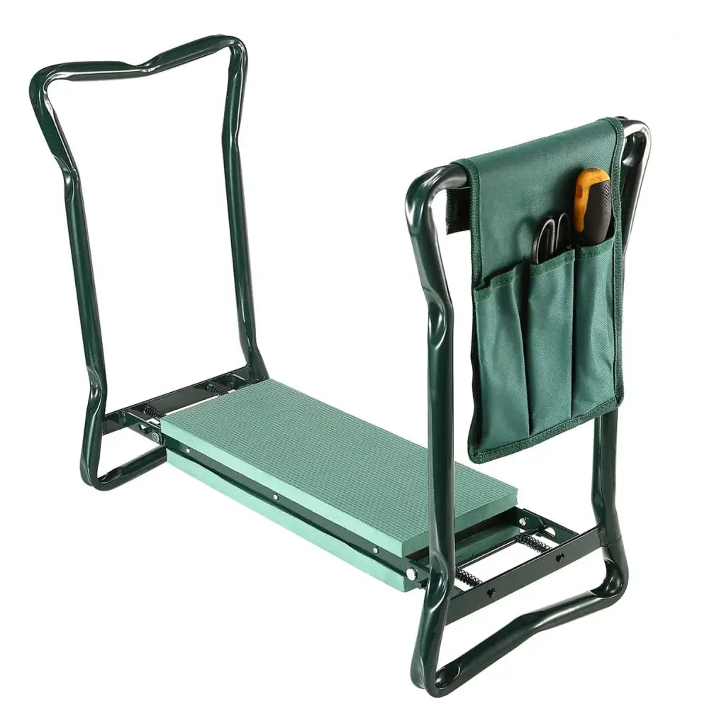 Green metal foldable garden kneeler seat with textured platform and attached tool pouch for gardening tasks
