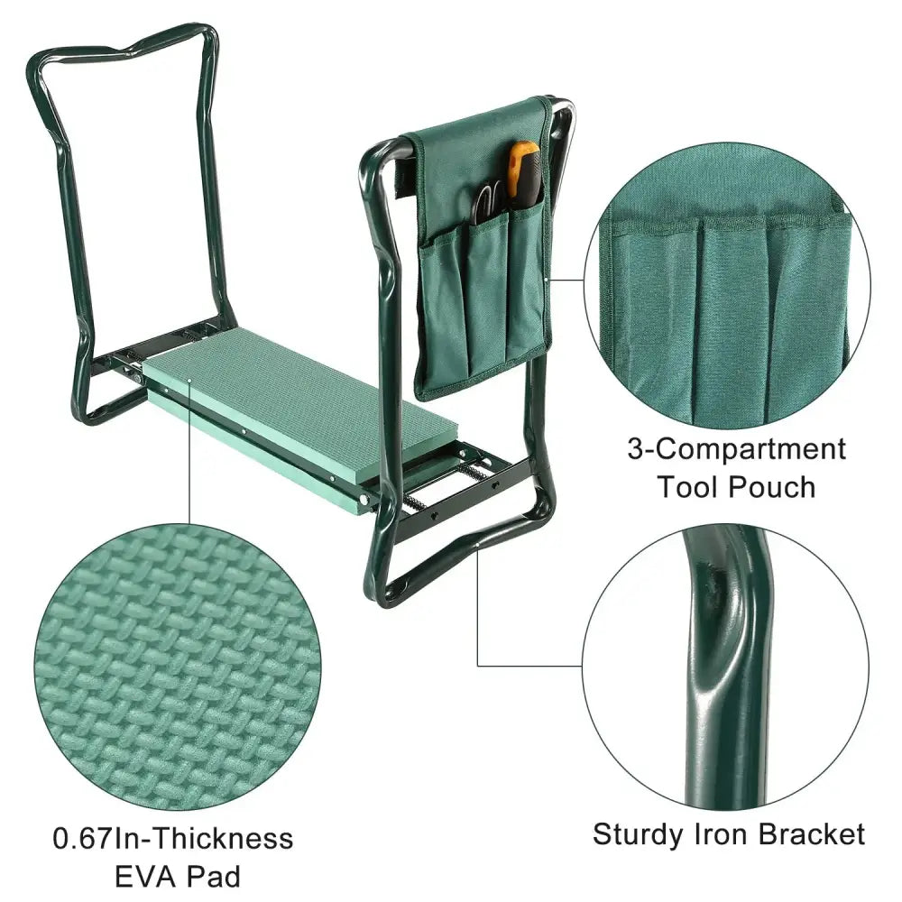 Foldable garden kneeler seat with green textured eva pad, sturdy iron frame, and attached 3-compartment tool pouch