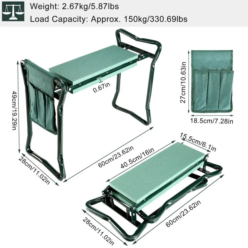 Foldable garden kneeler seat with green mesh stool, black metal frame, and convenient side tool pouch