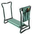 Foldable green metal garden kneeler seat with textured platform and attached tool pouch for gardening tasks
