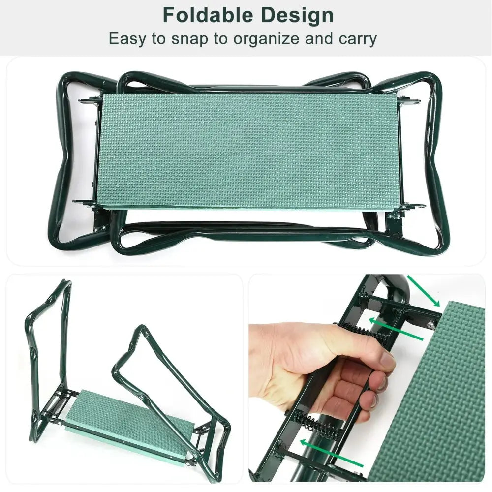 Foldable green textured garden kneeler seat with black metal frame designed for easy folding and portability