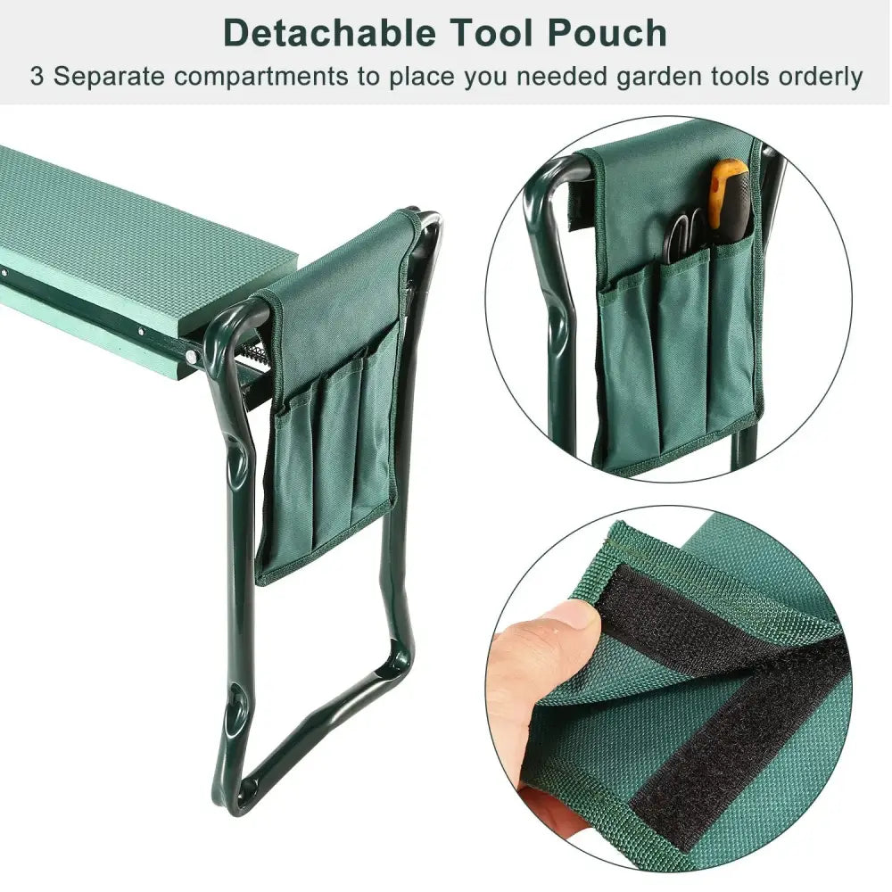 Green detachable tool pouch made of durable fabric with three compartments attached to foldable garden kneeler seat frame