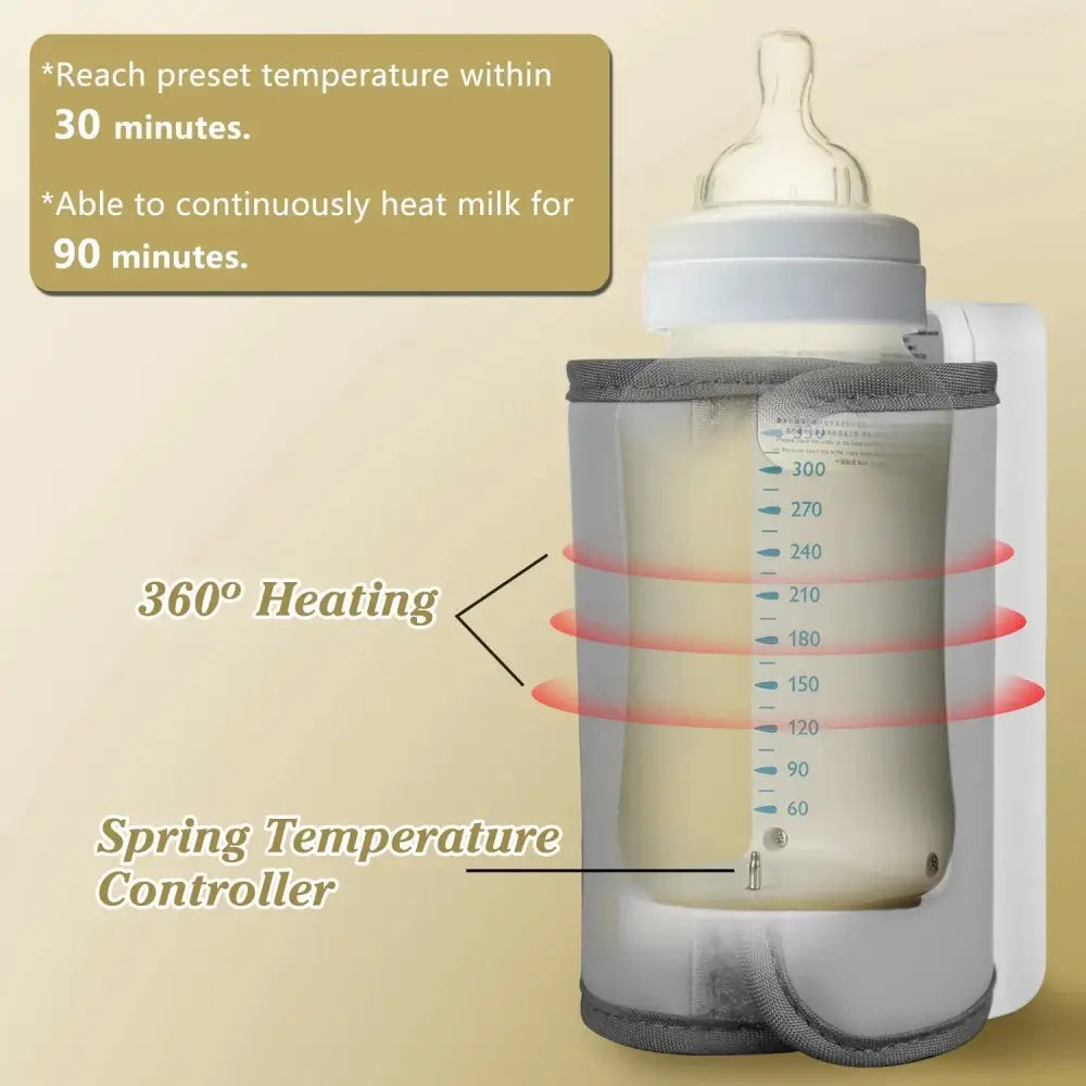 Portable usb baby bottle warmer with 6 digital heat levels featuring a white baby bottle in a clear heating sleeve with gray trim