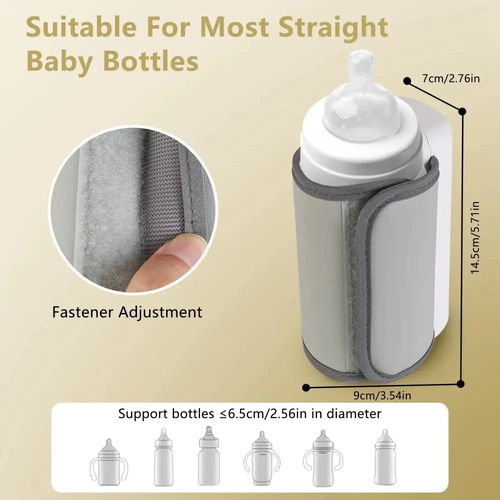 Gray fabric portable usb baby bottle warmer with adjustable strap elasticized sides and six digital heat levels