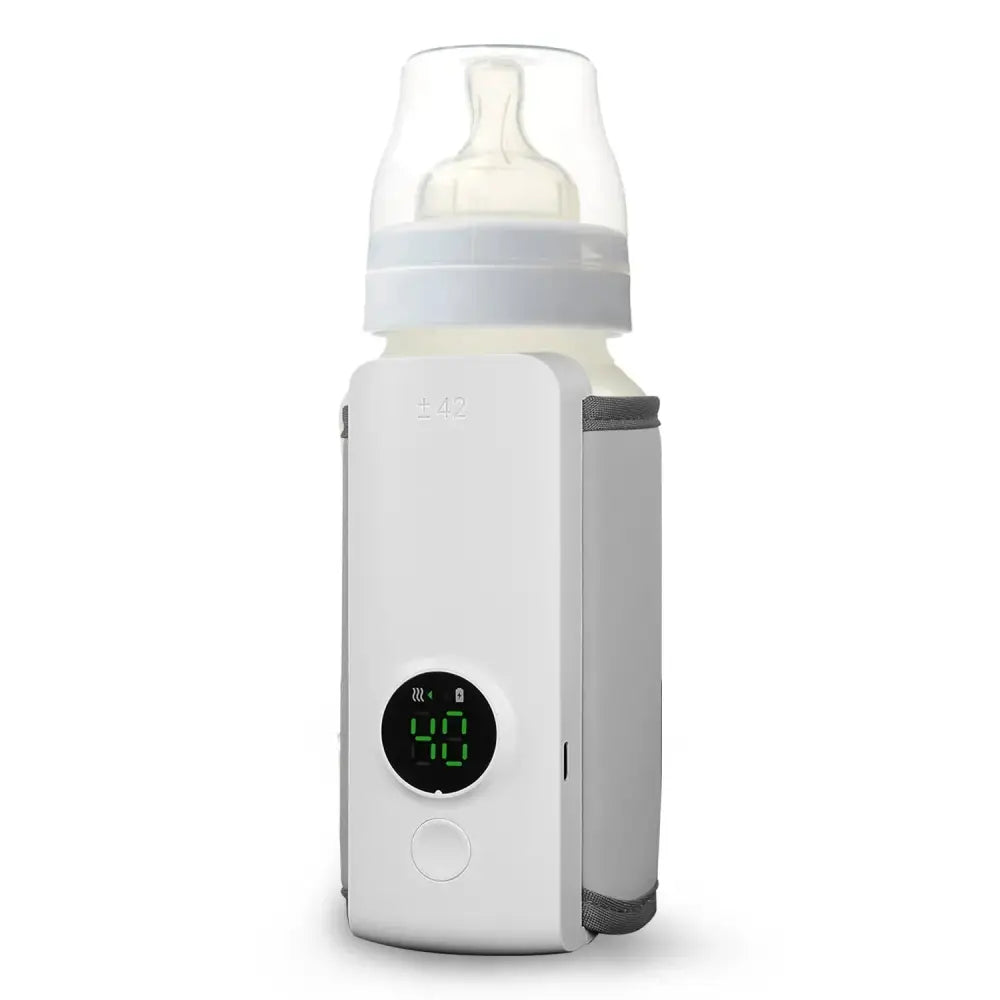 White portable usb baby bottle warmer with digital display showing 40°c gray textured sleeve and clear nipple