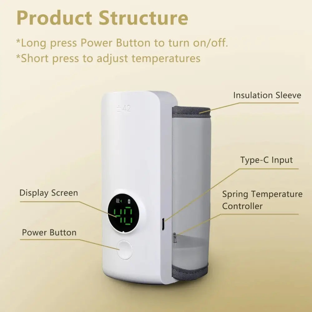 White portable USB baby bottle warmer with circular green display, insulation sleeve, type-C input, and power button