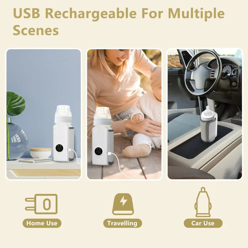 White usb rechargeable portable baby bottle warmer with sleek compact design and black circular digital control panel