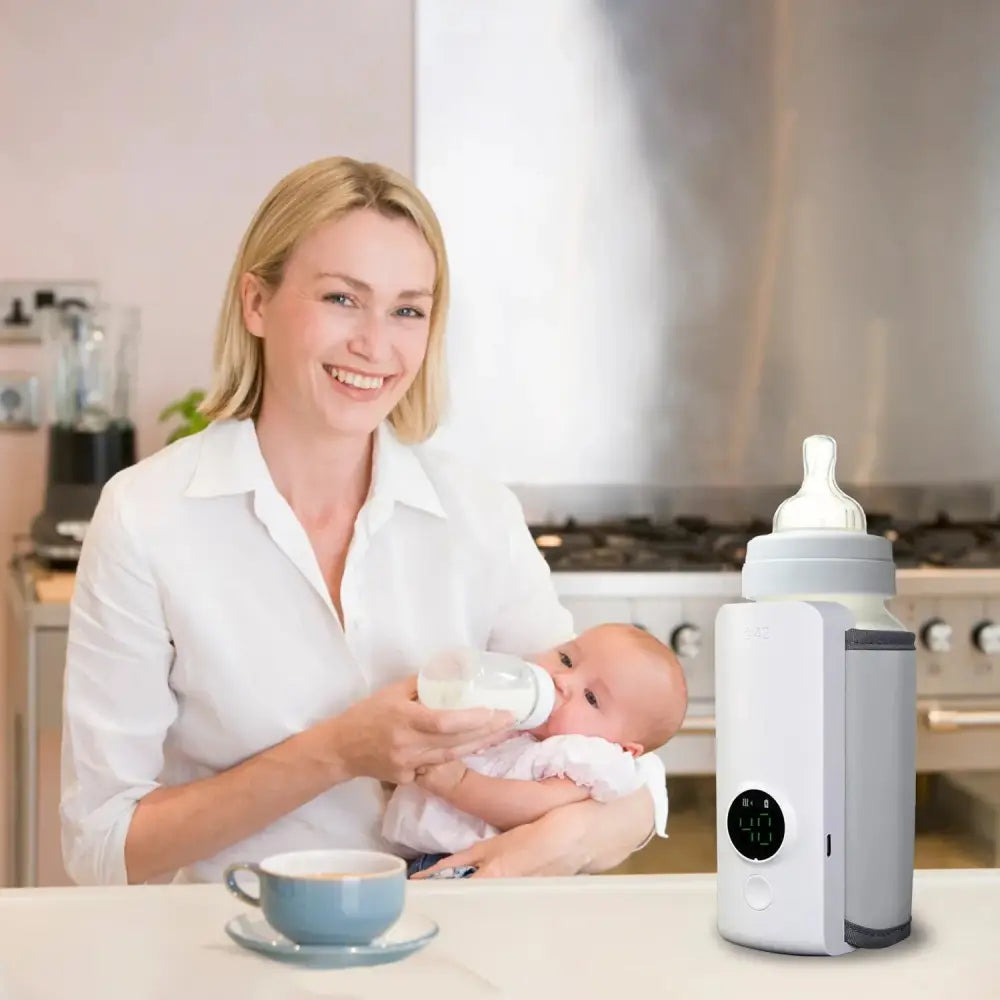 White and gray electric portable usb baby bottle warmer with digital display and 6 digital heat levels