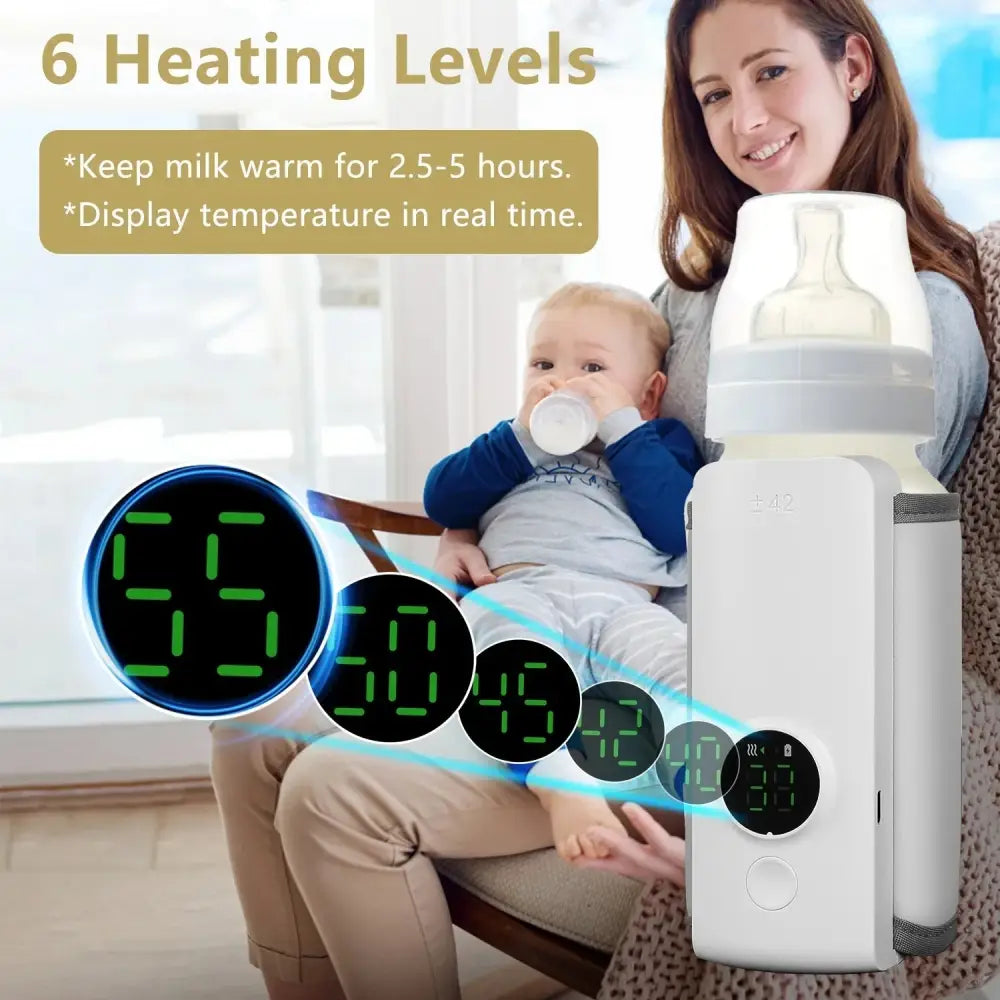 White electric portable usb baby bottle warmer with digital temperature display and six heating levels
