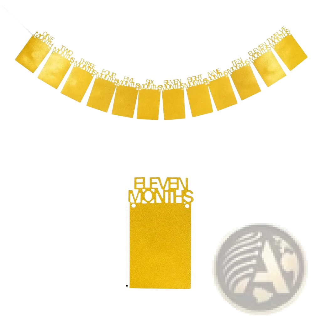 Gold glittery 1st birthday photo banner with numbered slots for monthly milestone pictures garland