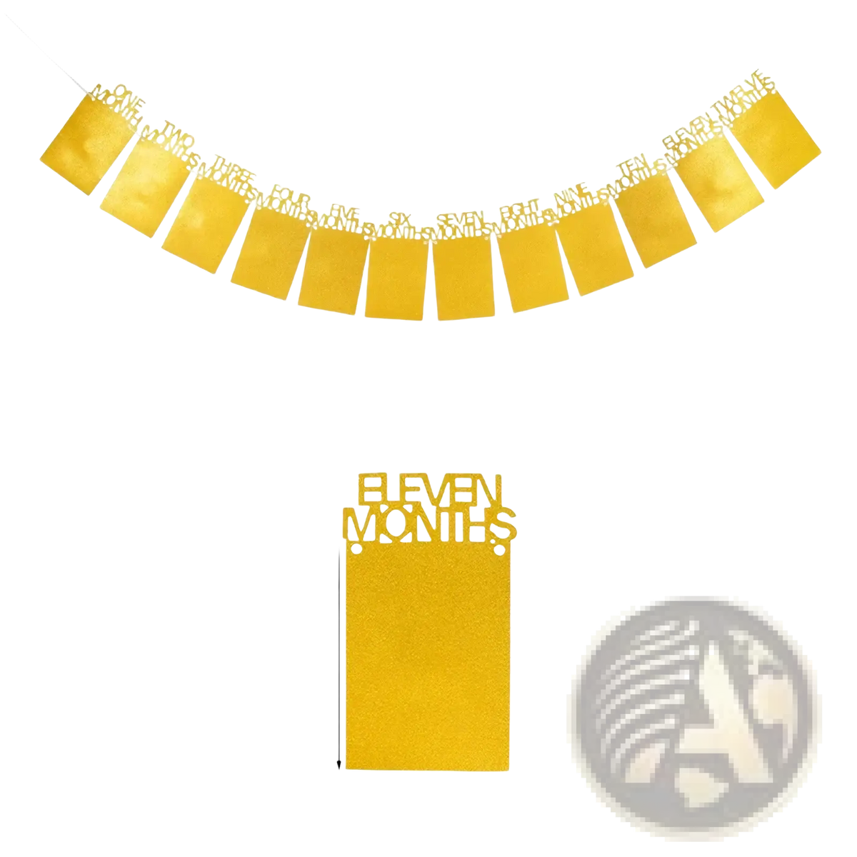 Gold glittery 1st birthday photo banner with numbered slots for monthly milestone pictures garland